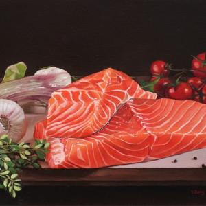 “Raw salmon still life”